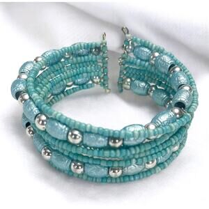 Turquoise & Silver Tone Bohemian 2.5" Wide Stacked Beaded Open Cuff Bracelet